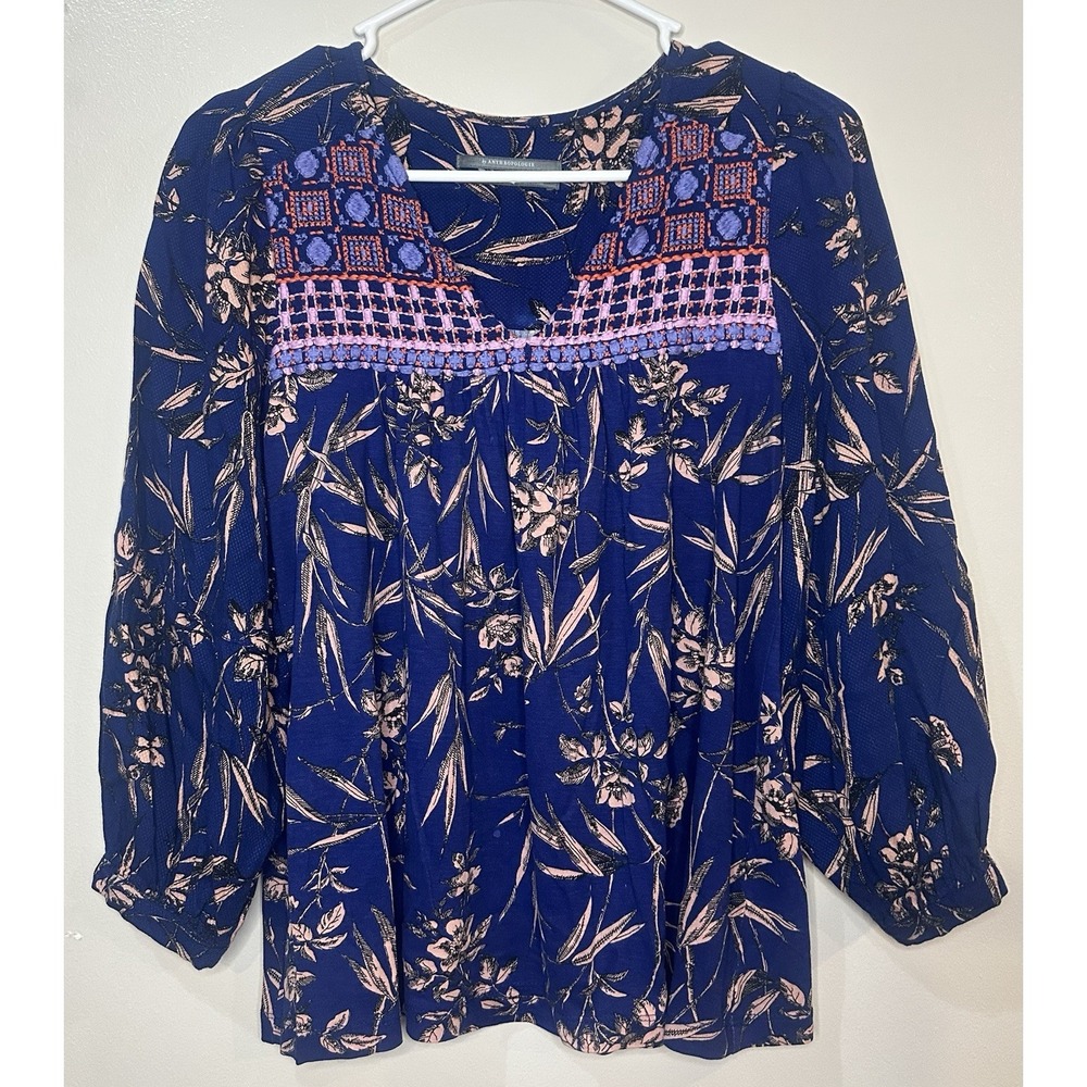 By Anthropologie Women's Indigo Floral Embroidered Peasant‎ Top Size XS - Picture 3 of 9